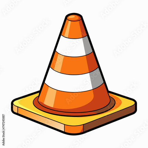 The striped traffic cone is red and orange. Vector illustration isolated on white