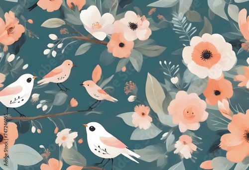 Birds and Floral Patterns on Teal Background