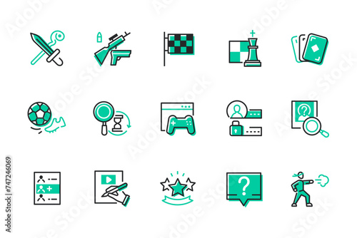 Hobbies and entertainment - set of line design style icons isolated on white background. High quality images of role playing, gamepad, card and board games, character selection, sport and competition