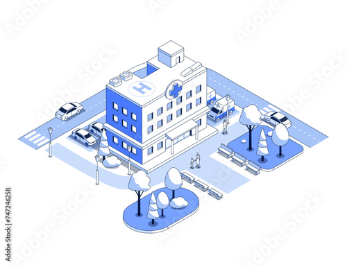 City hospital and highway - vector isometric illustration. Building where medical care is provided, patients go to appointments, cars in the parking lot, ambulance, park area with trees, daytime