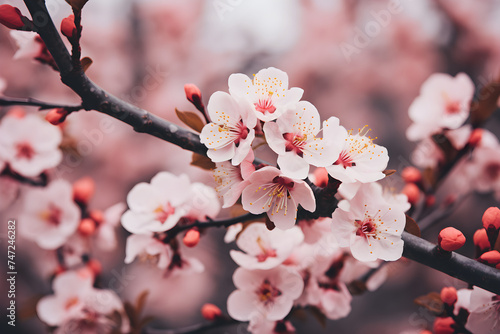 Blooming sakura with pink flowers in spring season. Spring Hanami Japan festival banner concept. Close up cherry blossom in the garden. Hana Matsuri beautiful nature flowers festival.