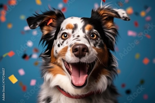 Exuberant Australian Shepherd Celebrating with Confetti. © NS
