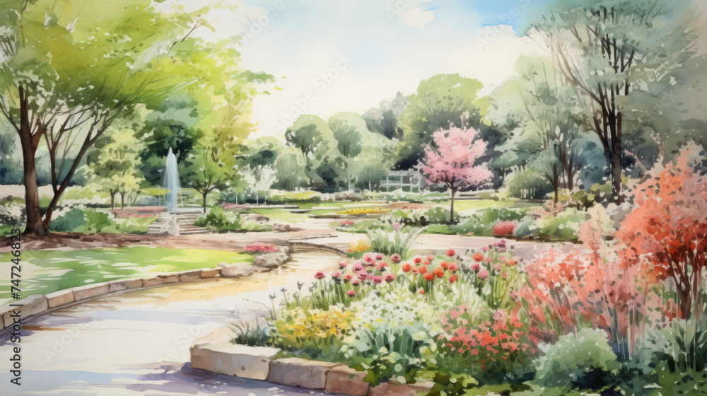 Watercolor Sketch of Botanical Garden. A vibrant watercolor painting captures a bustling botanical garden with a fountain centerpiece. The artwork exudes tranquility and beauty of a well-kept garden.
