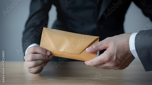 Dishonest cheating in business illegal money, Businessman receive bribe money in envelope to business people to give success the deal contract of investment, Bribery and corruption concept photo