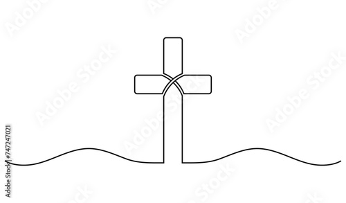 Cross line art style. He is risen - religious Easter background. Vector illustration 