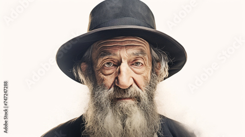 A frontal portrait of an old Jewish rabbi with a distinguished beard, reflecting wisdom and tradition.