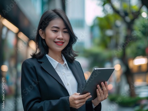 Asian business woman dressed in suit with tablet