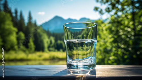 A glass of water set against a backdrop of fresh, natural surroundings, portraying a serene and refreshing scene.