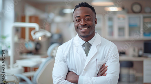 Handsome smiling African american dentist doctor stands in a dental office in a white coat