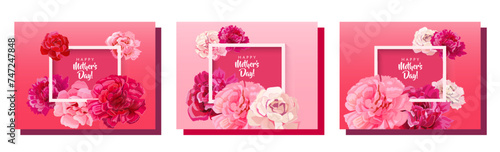 Set of rectangular congratulation cards for Mother's Day. Frames with pink, red, white carnation flowers on bright background. Template for mother greeting. Realistic illustration in watercolor style