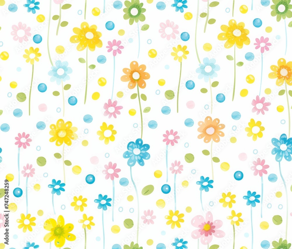 花と円が描かれているパステル調の春のシームレスな背景