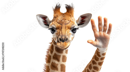 The giraffe in this image delights with a smiling expression and a raised hand that appears to be giving a high five or greeting