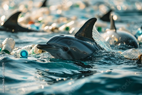Dolphins swim in the ocean or sea among plastic bottles and garbage. Concept of plastic water pollution and environmental problem of ocean, environment 