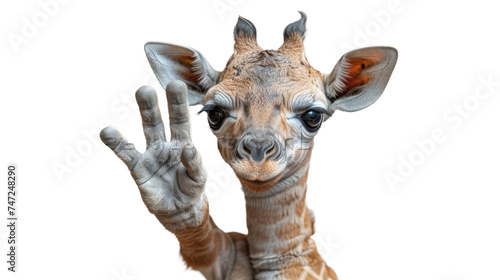 A surreal image of a giraffe with human-like hand waving at the camera on a white background