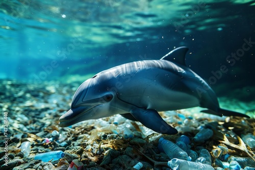 Dolphins swim in the ocean or sea among plastic bottles and garbage. Concept of plastic water pollution and environmental problem of ocean  environment 