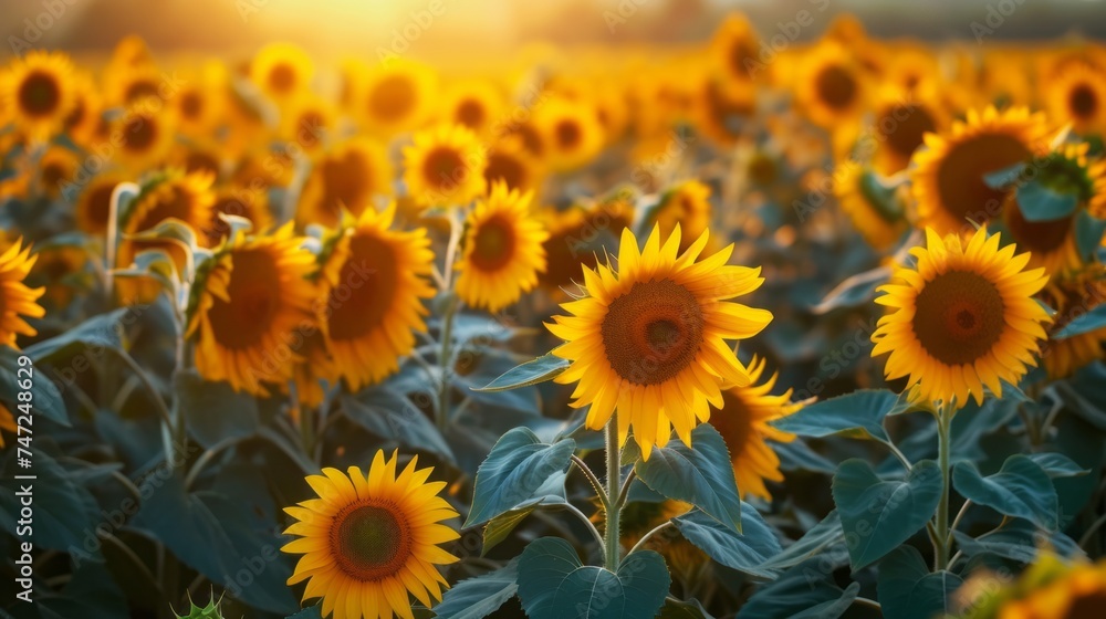Endless field of sunflowers illuminated by the sun, harvest and agricultural business concept
