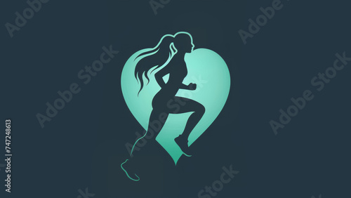 this logo of a icon of a heart shape and a woman jogging in the center, using tangent lines, symmetry, classical design, beauty, fitness. Solid green photo