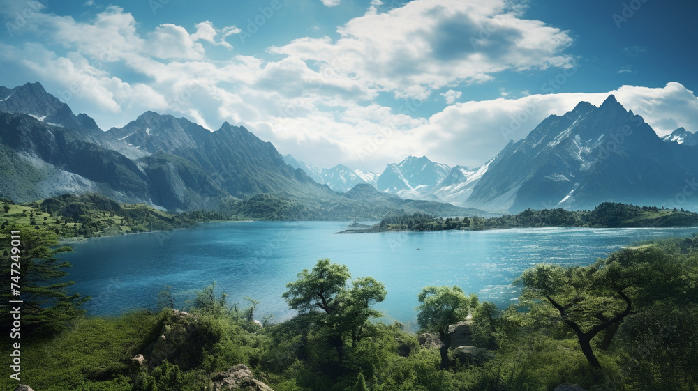 A high-angle view of a mountain range and a blue lake, presenting a picturesque and scenic landscape.