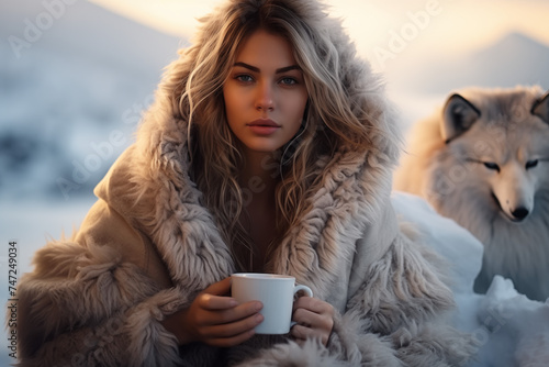 A beautiful blonde girl in a fur coat holds a cup of coffee or tea in her hands, the head of a husky dog ​​is visible behind the girl, on a blurred winter background