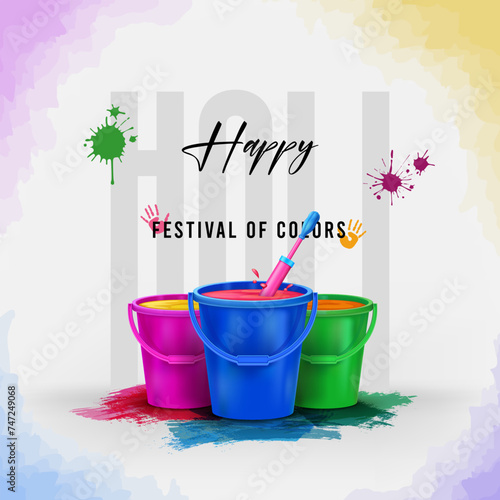 happy holi festival creative social media post illustration with holi liquid color bucket and color splash
