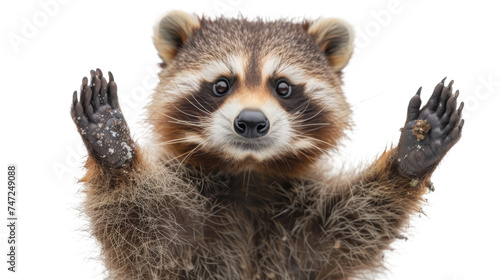This engaging raccoon shows dynamic expression with muddy paws up, giving it a look of innocence