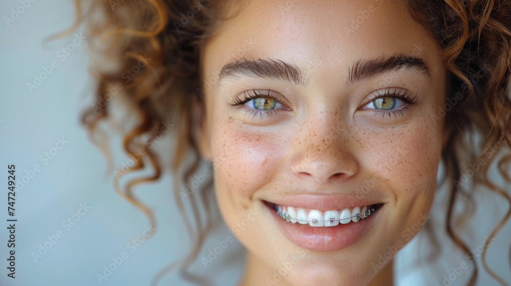 Close up portrait of a woman smiling showing her white teeth with braces. Even teeth from wearing braces. The concept of a dentist and an orthodontist. Close up portrait of a woman smiling showing her white teeth with braces. Even teeth from wearing braces. The concept of a dentist and an orthodontist.