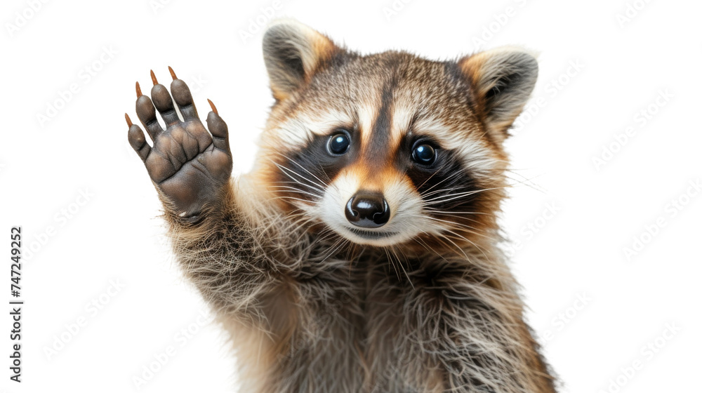 A detailed capture of a raccoon waving its paw, showcasing its unique features and evoking a sense of companionship
