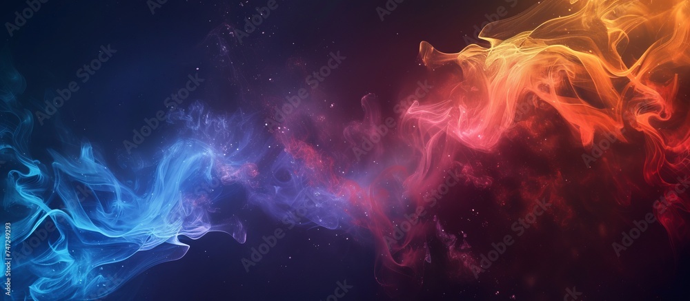 Creative abstract composition with swirling shades of blue, pink, red, orange and lilac colorful smoke on a dark background, banner
