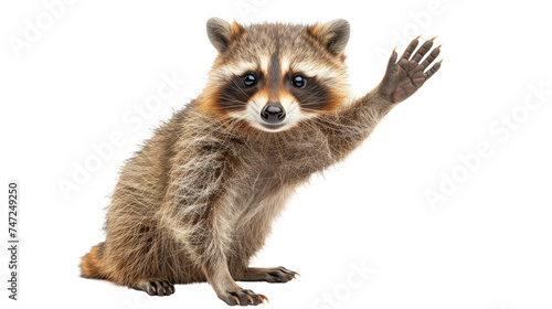 Captivating raccoon captured in the act of waving hello, the image emphasizes its facial mask and furry texture