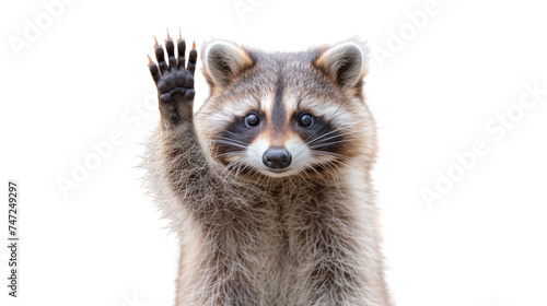 Captivating image of a raccoon with an uplifted paw, offering a sense of engagement and friendliness in a clean setting