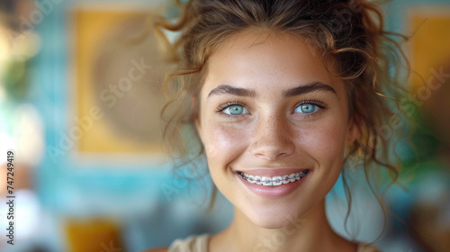 Close up portrait of a woman smiling showing her white teeth with braces. Even teeth from wearing braces. The concept of a dentist and an orthodontist. photo