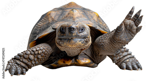 An engaging portrait of a tortoise with its arm stretched out as if greeting, isolated on white - displays the textured shell and wise eyes