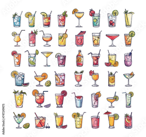 Alcoholic cocktails big vector set. Hand drawn style drinks with fruits, ice cubes, straws, in various colors. Martini, Mojito, Margarita, Pina Colada, Bloody Mary, Daiquiri, Cosmopolitan, isolated on