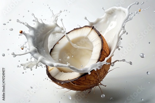 Half of Coconut and Coconut Milk Splash on White Background, Fresh Coconut and Coconut Milk, Tropical Fruit Splash, Healthy Drink Concept, Coconut Product Photography