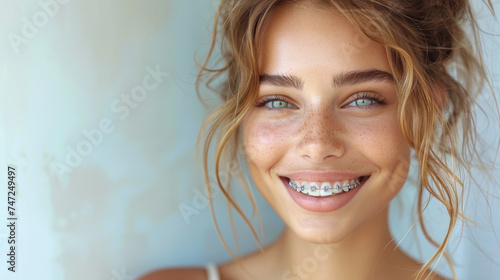 Close up portrait of a woman smiling showing her white teeth with braces. Even teeth from wearing braces. The concept of a dentist and an orthodontist.