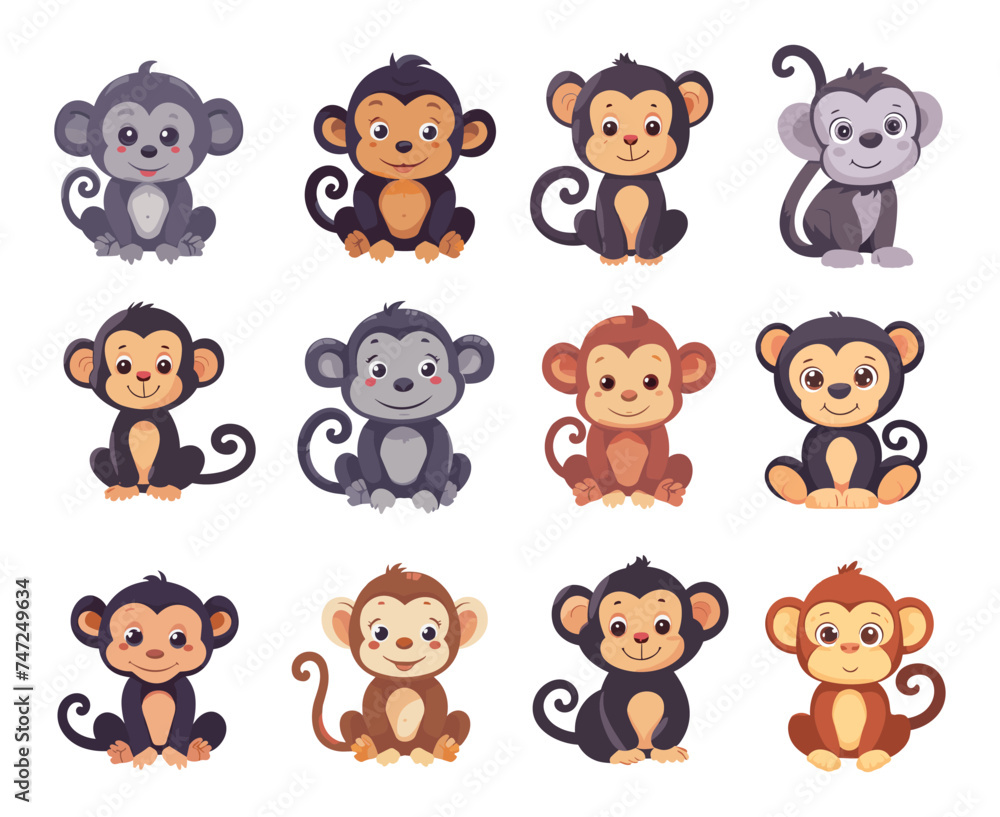 Baby monkeys cartoon set. Cute primates, animals, inhabitants of forests, jungles and tropics. Funny creatures, vector illustration for children, books, vibrant design isolated on white background Baby monkeys cartoon set. Cute primates, animals, inhabitants of forests, jungles and tropics. Funny creatures, vector illustration for children, books, vibrant design isolated on white background
