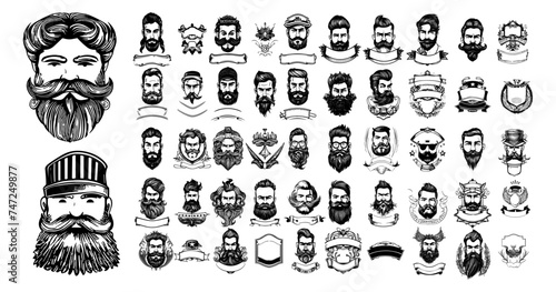 Barber logos, stylish bearded and mustachioed men. Barbershop vintage retro emblems, barbershops black and white colors. Man face with beard and mustache vector label set isolated on white background
