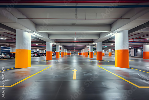 Empty shopping mall underground parking lot or garage interior with concrete stripe painted columns,