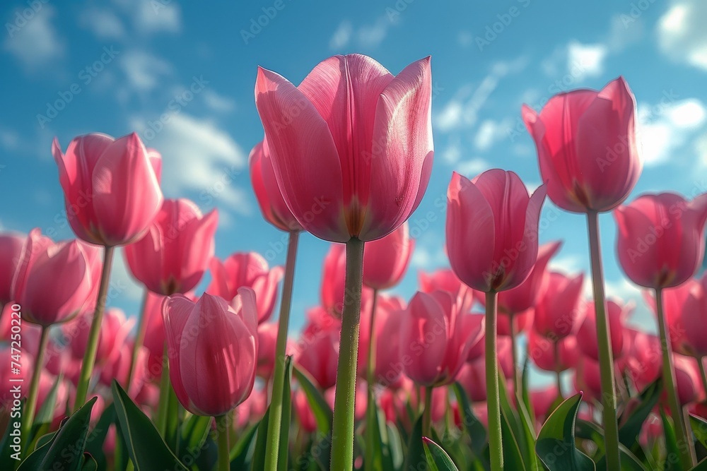 Pink Tulips in Field Under Blue Sky