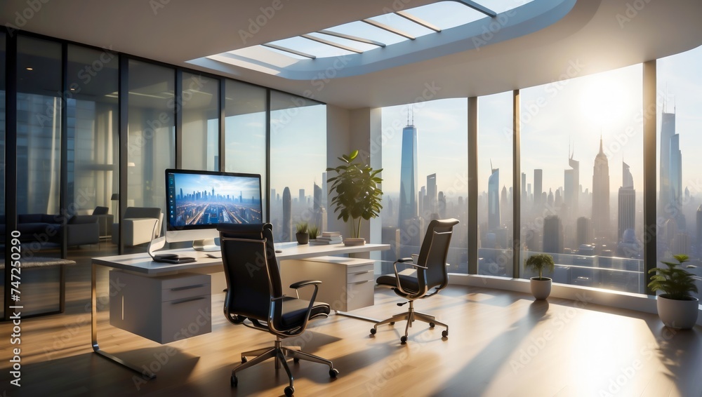 Remote Work with Advanced Telecommunication Technologies in a Work Office Setup. Modern Office Scene with a Panoramic View of the City.