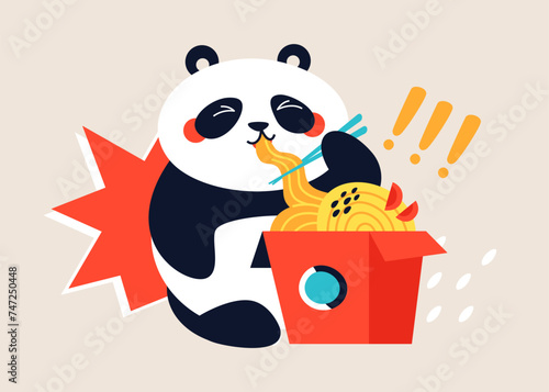 Panda eats wok - modern colored vector illustration with asian black and white bear enjoying instant noodles. Delicious, Chinese stereotypes, cute animal, tasty fast food, national cuisine idea