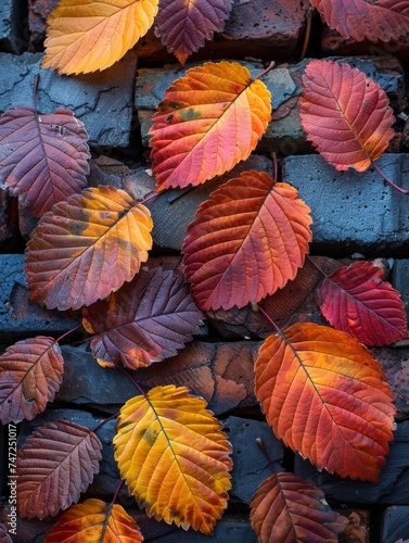 Leaves Gathered on Brick Wall