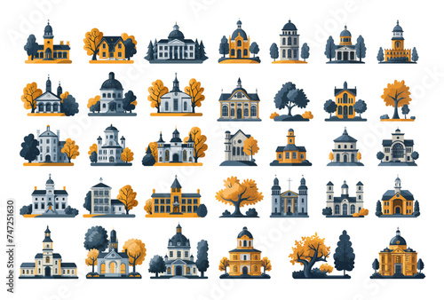 Churches, color vector set. Religious buildings, temple architecture, modern classical and ancient, cathedrals, chapels, roman, chatolic confessions, with landscape elements. Illustration isolated on photo