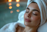 Female portrait. Relaxed happy young blonde woman in white hotel robe with towel on head enjoying beauty treatments near pool. Copy space for text. Healthy lifestyle, spa, skin care. Bath in bathroom