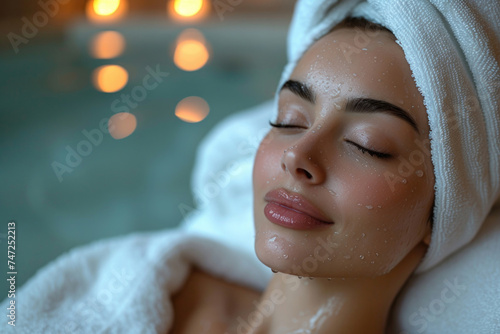 Female portrait. Relaxed happy young blonde woman in white hotel robe with towel on head enjoying beauty treatments near pool. Copy space for text. Healthy lifestyle  spa  skin care. Bath in bathroom