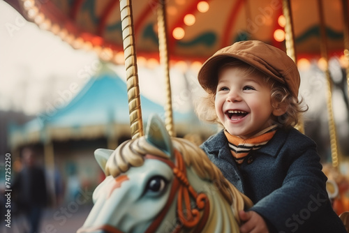 A happy young boy expressing excitement while on a colorful carousel, merry-go-round, having fun at an amusement park © Darya