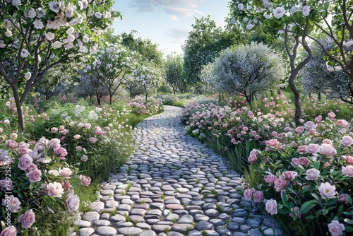 Stone Path Surrounded by Flowers
