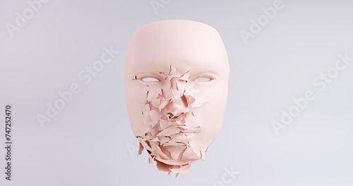 3d stylized face masks with the appearance of cracks. The concept of a cosmetic brand, fleeting beauty, pieces of skin flying off when dissolved. photo