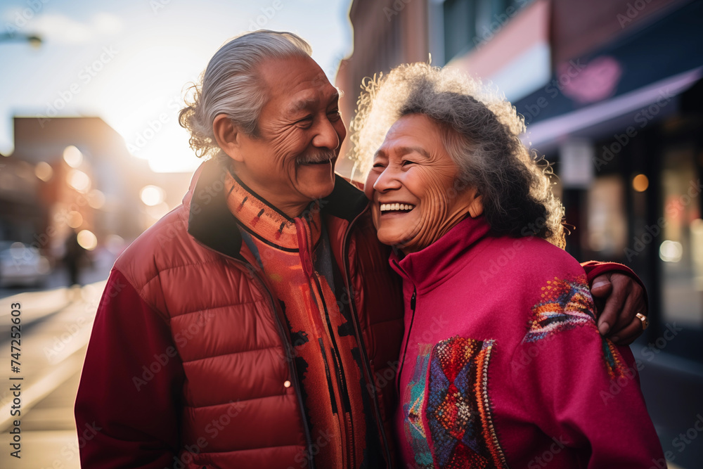 An elderly couple enjoying outdoors, their love palpable, reflecting immigrant's fulfilling retirement - obrazy, fototapety, plakaty 
