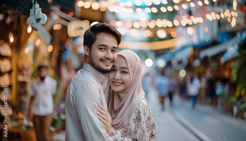 Young muslim couple smiling and looking at camera. Beautiful couple celebrating ramadan in the street. 